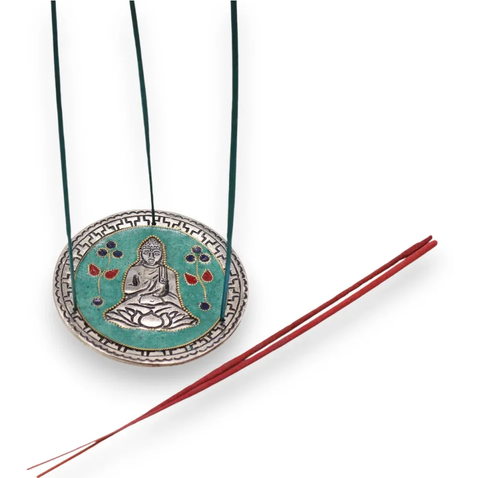 Porte-encens en aluminium, Bouddha décor vert, 10 cm : Modèle unique