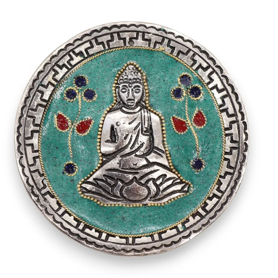 Porte-encens en aluminium, Bouddha décor vert, 10 cm : Modèle unique