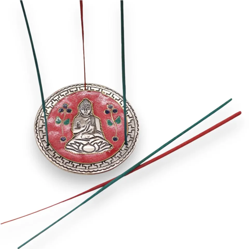 Porte-encens en aluminium, Bouddha décor rouge, 10 cm : Modèle unique