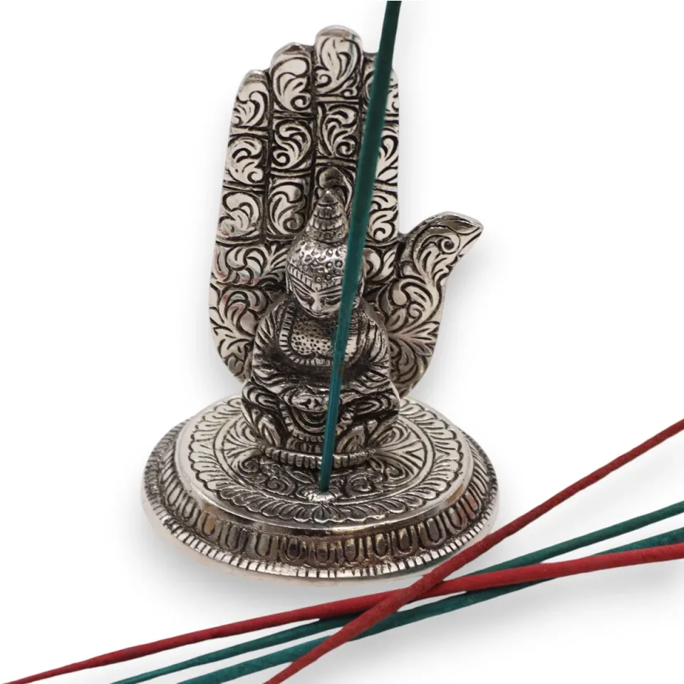 Porte-encens en aluminium, Main de Bouddha, 13 x 9 cm : Modèle unique