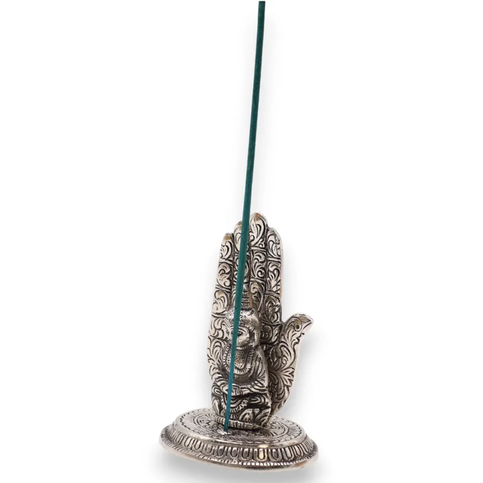 Porte-encens en aluminium, Main de Bouddha, 13 x 9 cm : Modèle unique
