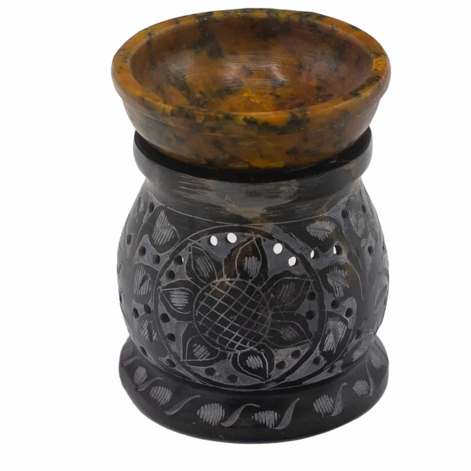 Brûle-parfum 10 cm, fleur mandala noir et jaune : Modèle unique