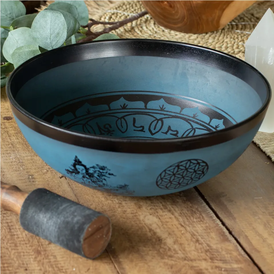 Grand bol en aluminium, double dorjé tibétain, bleu (27 cm) : Modèle unique