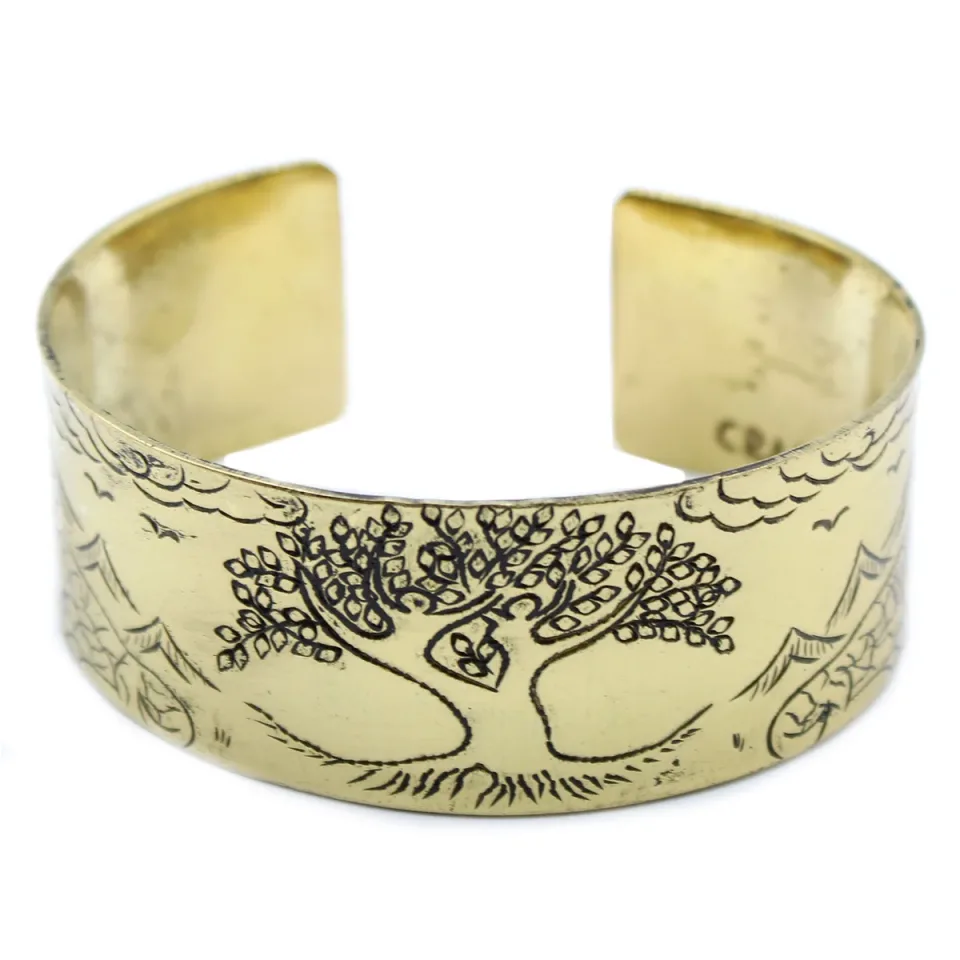 Bracelet tibétain gravé, Laiton, arbre de vie : Modèle unique