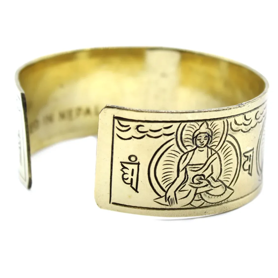 Bracelet tibétain gravé, Laiton, cinq Bouddhas : Modèle unique
