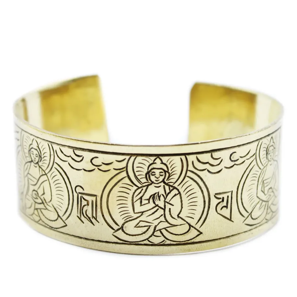 Bracelet tibétain gravé, Laiton, cinq Bouddhas : Modèle unique