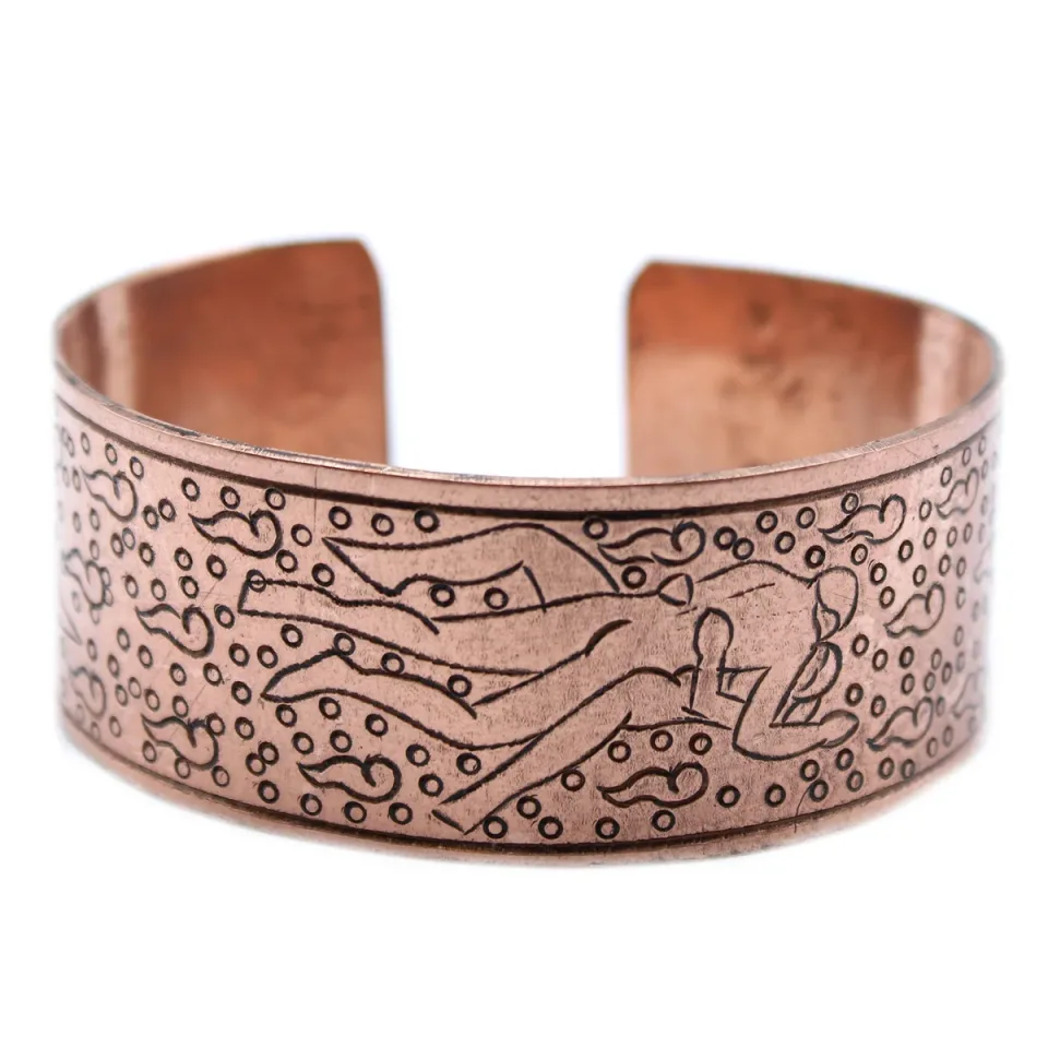 Bracelet tibétain gravé, Cuivre, motif graphique : Modèle unique
