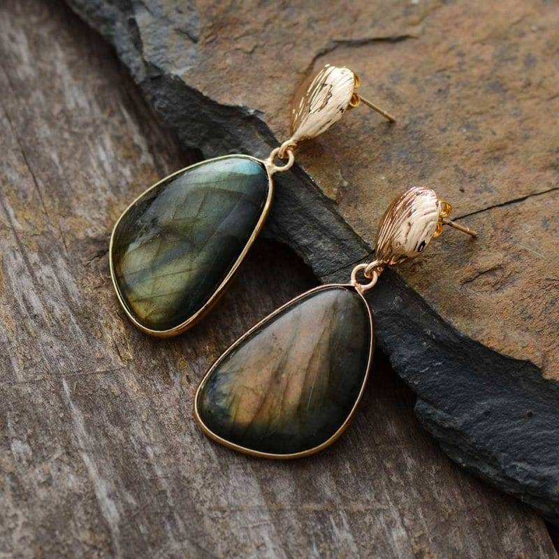 Boucles d&rsquo;Oreilles Pierre Naturelle « Labradorite Dorée » Bijoux pierre naturelle Boucles d'oreilles pierre naturelle