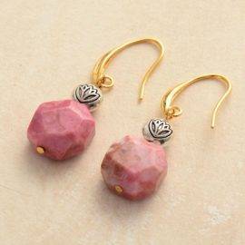 Boucles D&rsquo;oreilles Fleur De Lotus En Rhodonite Bijoux pierre naturelle Boucles d'oreilles pierre naturelle