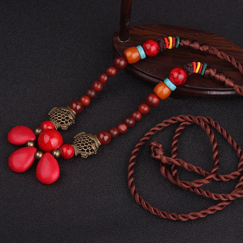 Collier long ethnique chinois vintage en pierres antiques