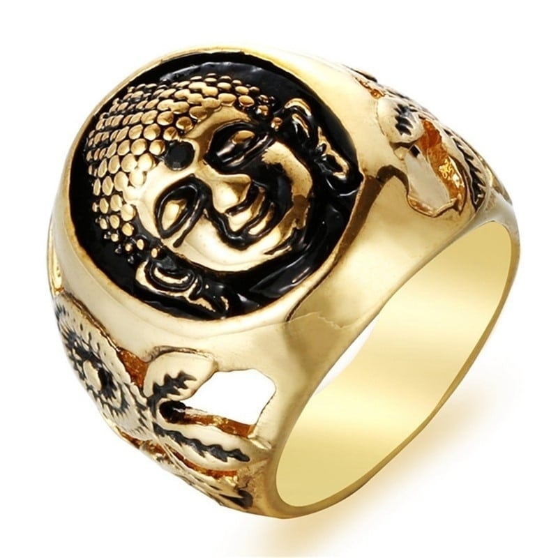 Bague en métal avec design de bouddha sur fond blanc