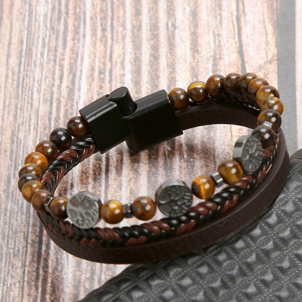 Bracelet en cuir avec perles d'oeil de tigre – Image 2