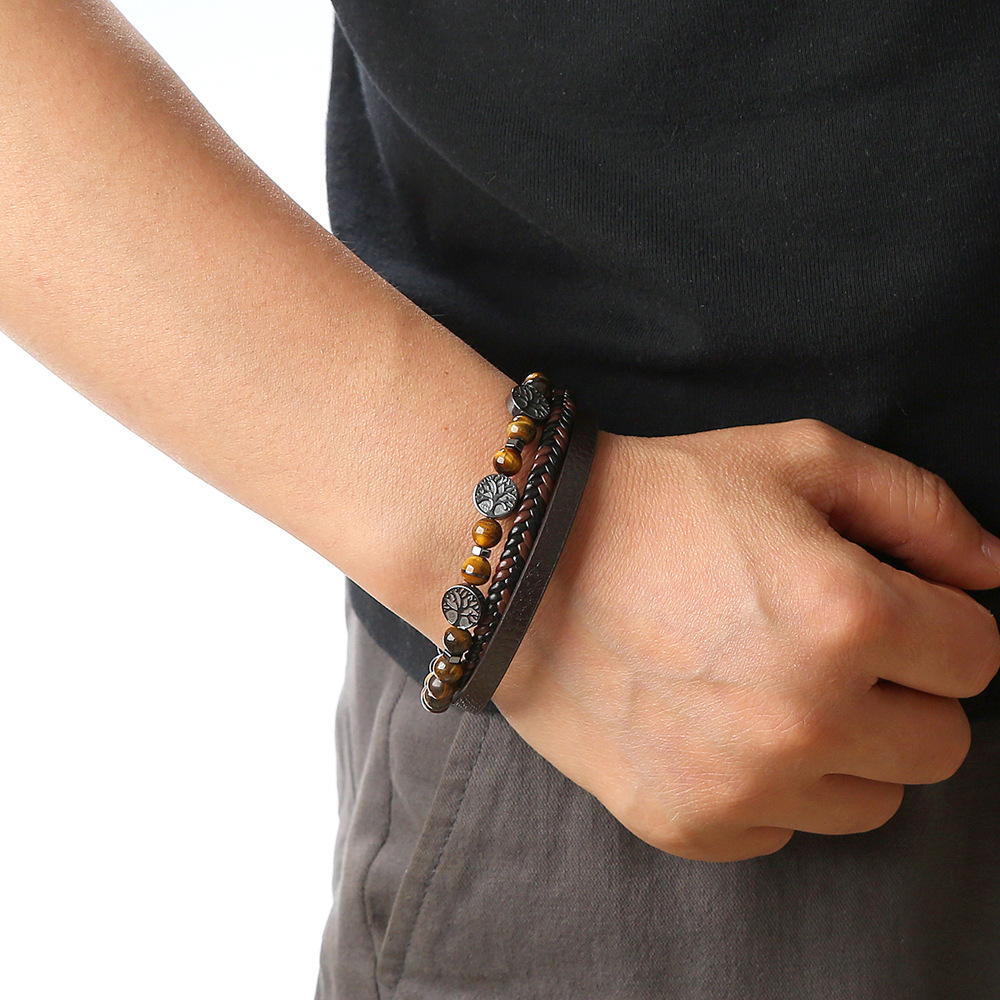Bracelet en cuir avec perles d'oeil de tigre – Image 3