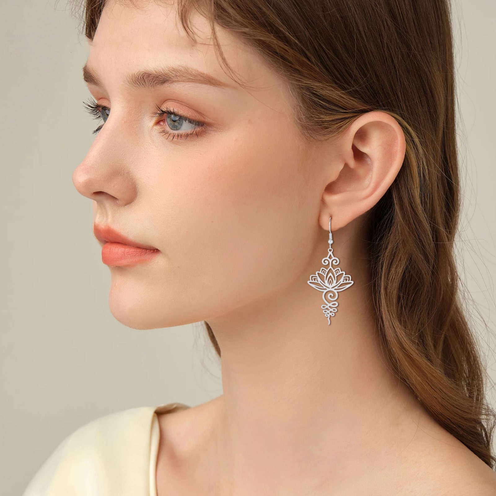 Boucles d'Oreille Pierre Naturelle avec Pendentif Lotus en Acier Inoxydable