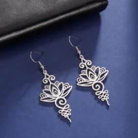 Boucles d'Oreille Pierre Naturelle avec Pendentif Lotus en Acier Inoxydable