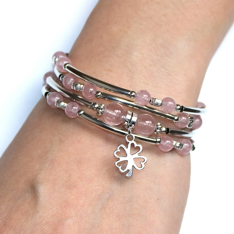 Bracelet Pierre Naturelle Enroulé avec Perles de Cristal Rose