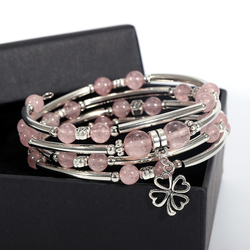 Bracelet Pierre Naturelle Enroulé avec Perles de Cristal Rose