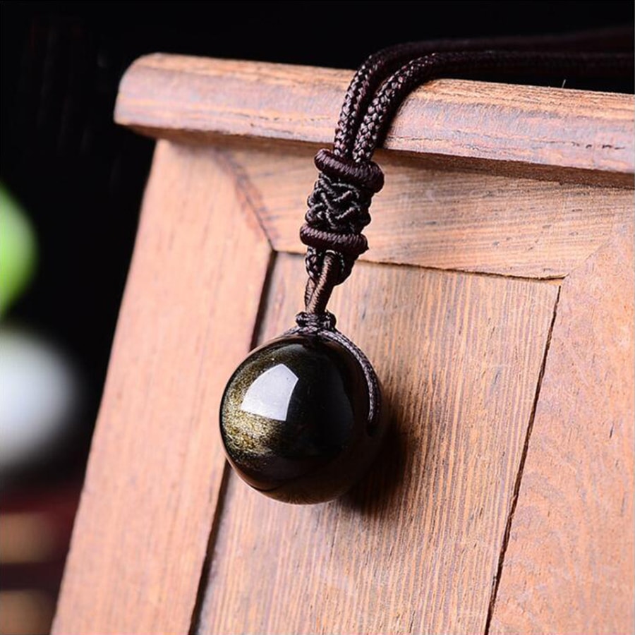 Collier Pierre Naturelle avec Pendentif en Perle d'Obsidienne Dorée