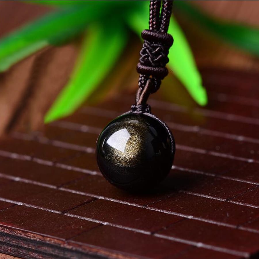 Collier Pierre Naturelle avec Pendentif en Perle d'Obsidienne Dorée