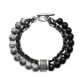 Bracelet Pierre Naturelle en Acier Inoxydable avec Perles Grises et Noires