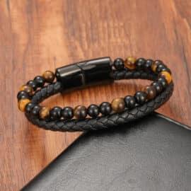 Bracelet Pierre Naturelle en Cuir et Acier Inoxydable avec Perles d'Oeil de Tigre