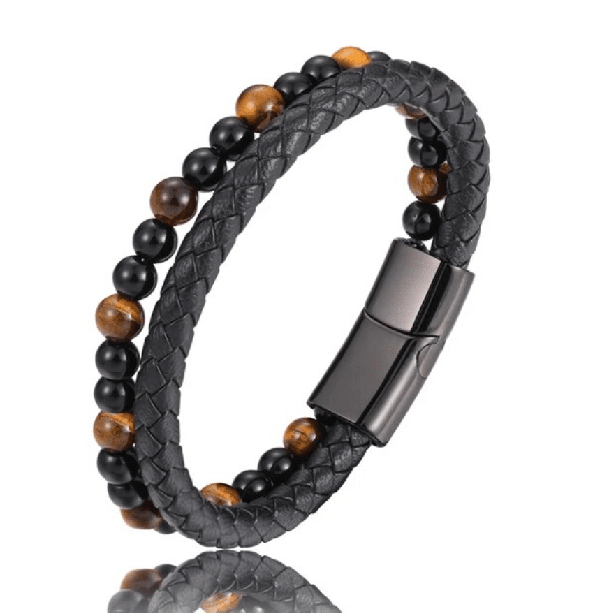 Bracelet Pierre Naturelle en Cuir et Acier Inoxydable avec Perles d'Oeil de Tigre