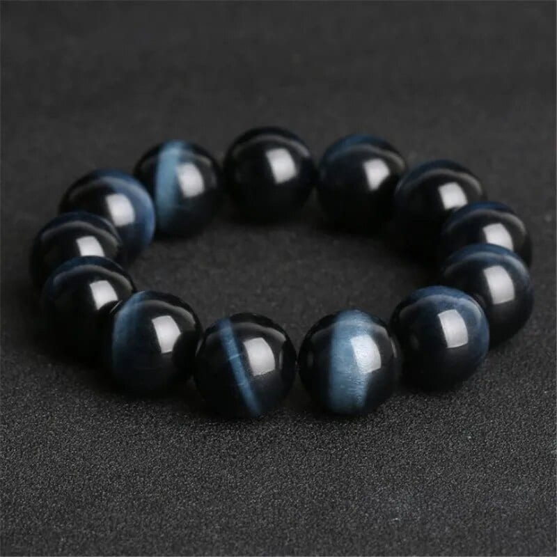 Bracelet Pierre Naturelle avec Perles d'Oeil de Tigre Bleues sur fond gris