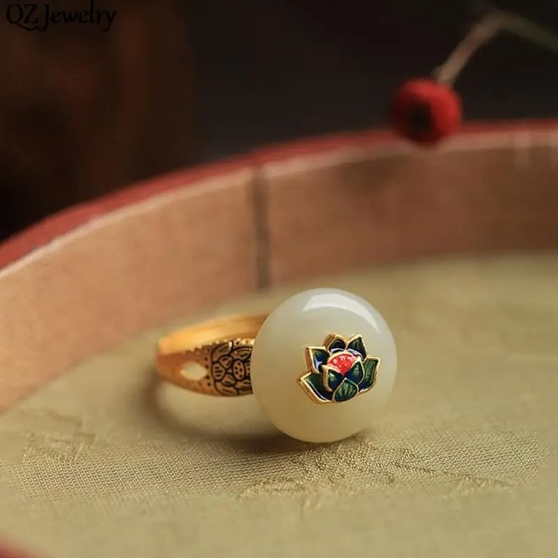 Bague Pierre Naturelle en Cuivre avec Design de Fleur de Lotus