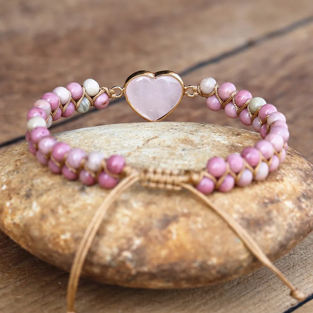 Bracelet Confiance et Harmonie avec Coeur et Perles de Quartz Rose