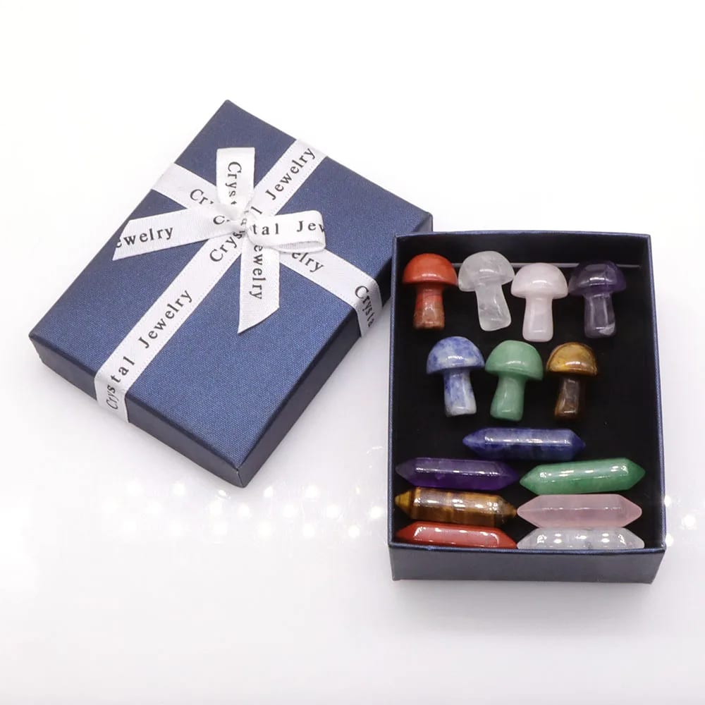 Coffret Pierre Naturelle en Forme de Champignon de Quatorze Pièces sur fond blanc