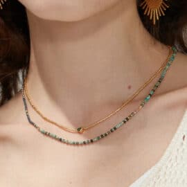 Collier Pierre Naturelle en Acier Inoxydable avec Petites Perles