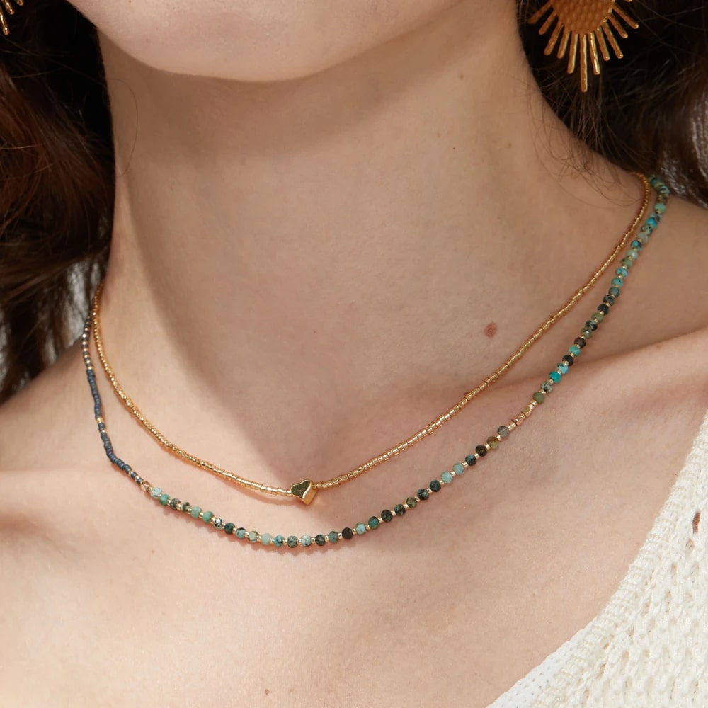 Collier Pierre Naturelle en Acier Inoxydable avec Petites Perles