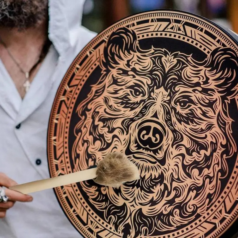 Tambour Chamanique Circulaire au Motif d'Ours