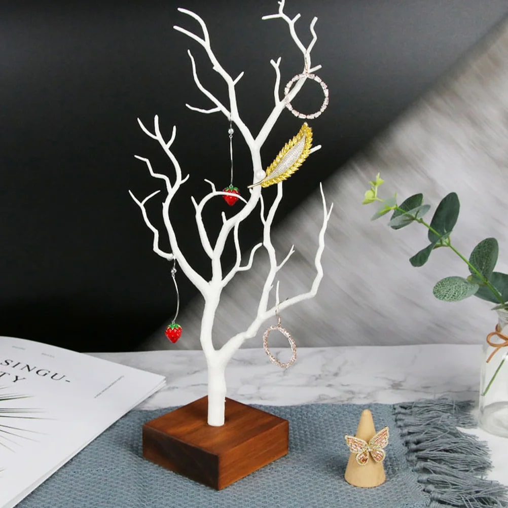 Arbre à Bijoux Blanc en Bois avec Socle