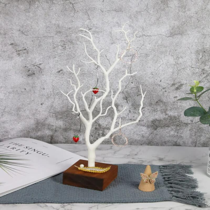Arbre à Bijoux Blanc en Bois avec Socle
