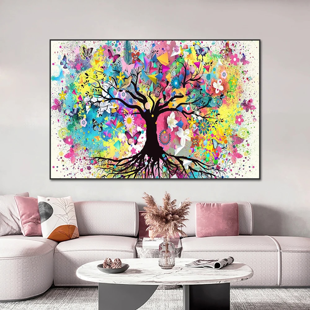 Arbre de Vie Peinture Abstrait et Multicolore de Style Scandinave dans un salon au-dessus d'un canapé sur un mur gris