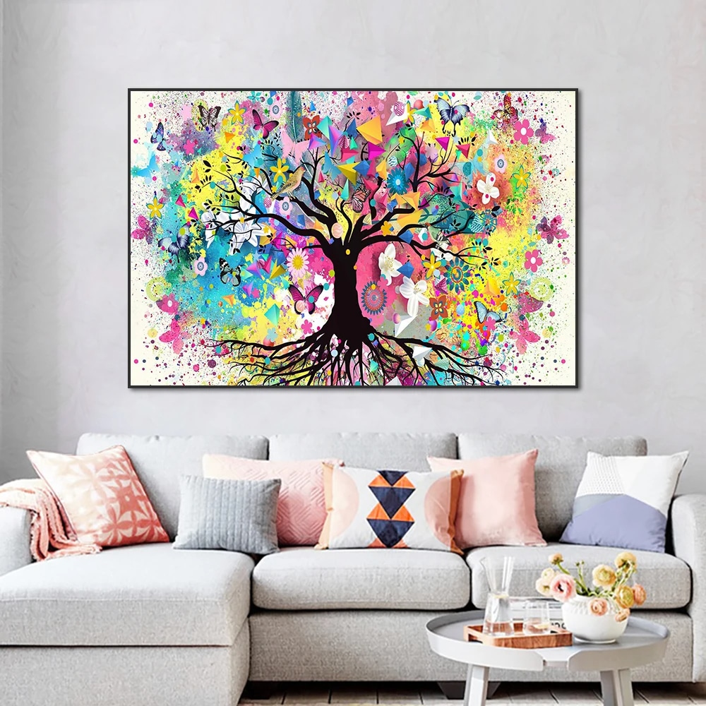Arbre de Vie Peinture Abstrait et Multicolore de Style Scandinave