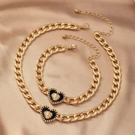 Collier Cœur de Lion Doré en Métal avec Bracelet