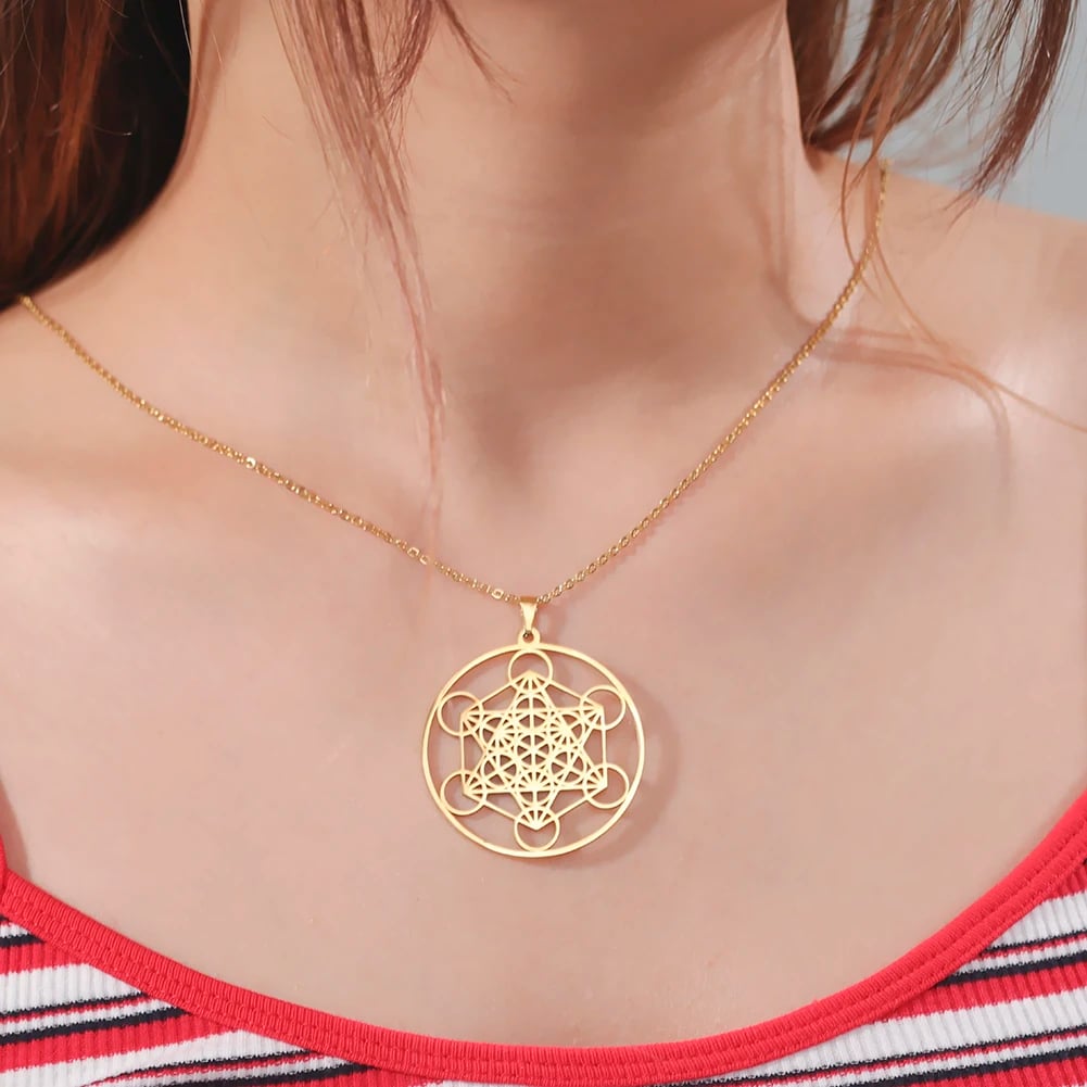Cube de Metatron Pendentif Doré et Rond avec Chaine