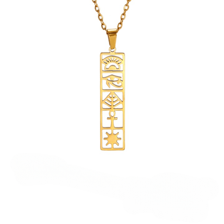 Pendentif Egyptien Doré avec Collier en Acier Inoxydable sur fond blanc