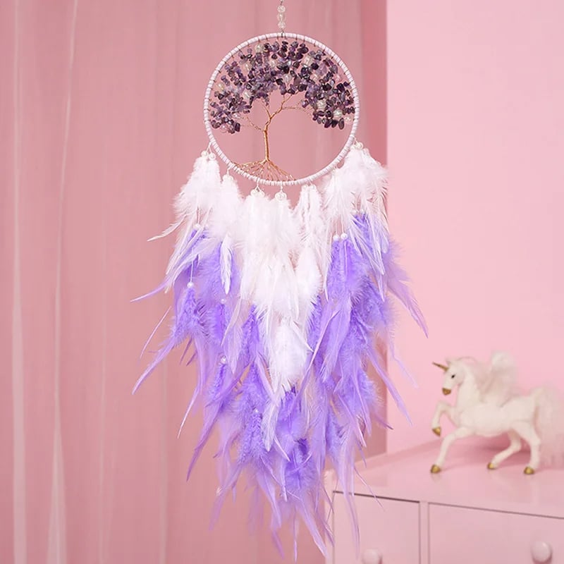 Attrape Rêve Arbre de Vie en Pierre de Cristal et Plumes sur fond rose