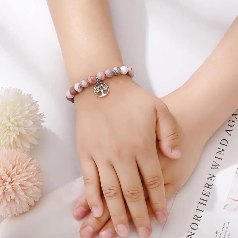 Bracelet de Vie Rose avec Perles en Pierre Naturelle