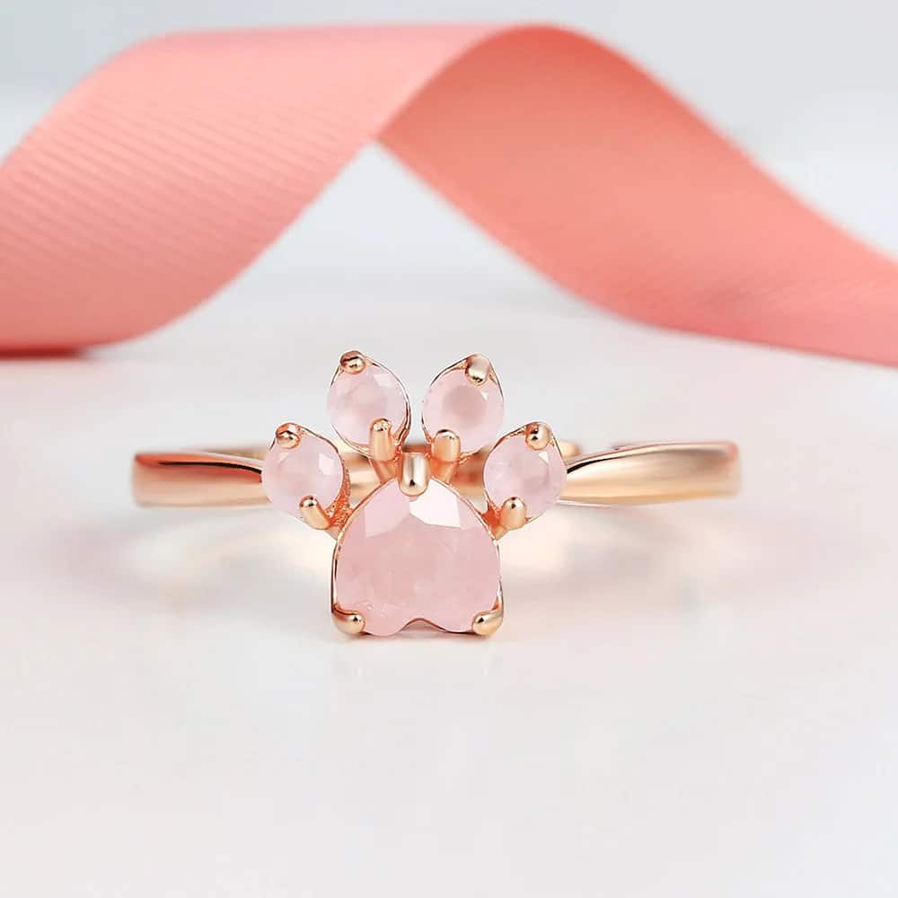 Bague Quartz Rose en Forme de Patte de Chat