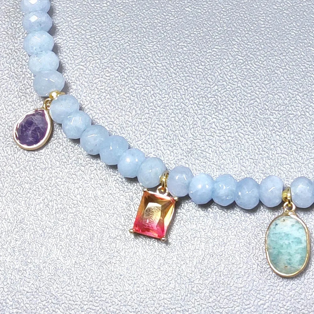 Collier Aigue Marine avec Pendentifs de Pierres Naturelles