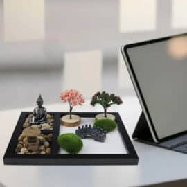 Jardin Zen Miniature avec Bouddha sur une table blanche