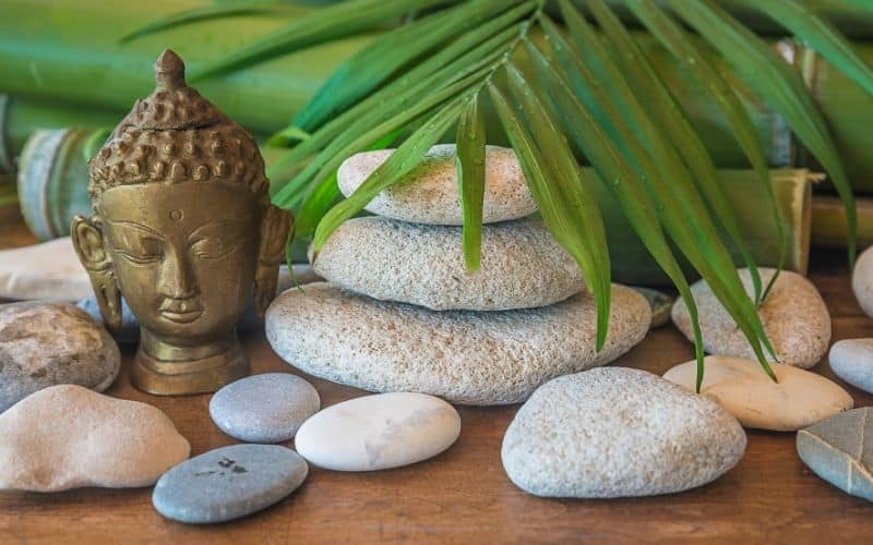 Tête de Bouddha en bronze, posée à côté de pierres style galets, et de plante verte.