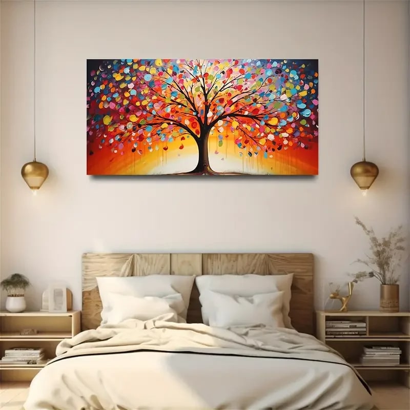 Tableau Arbre de Vie Multicolore au dessus d'un lit
